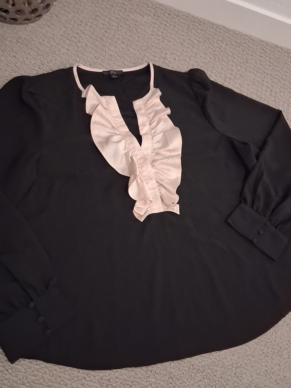 J. Crew Black Blouse with Cream Ruffle Placket